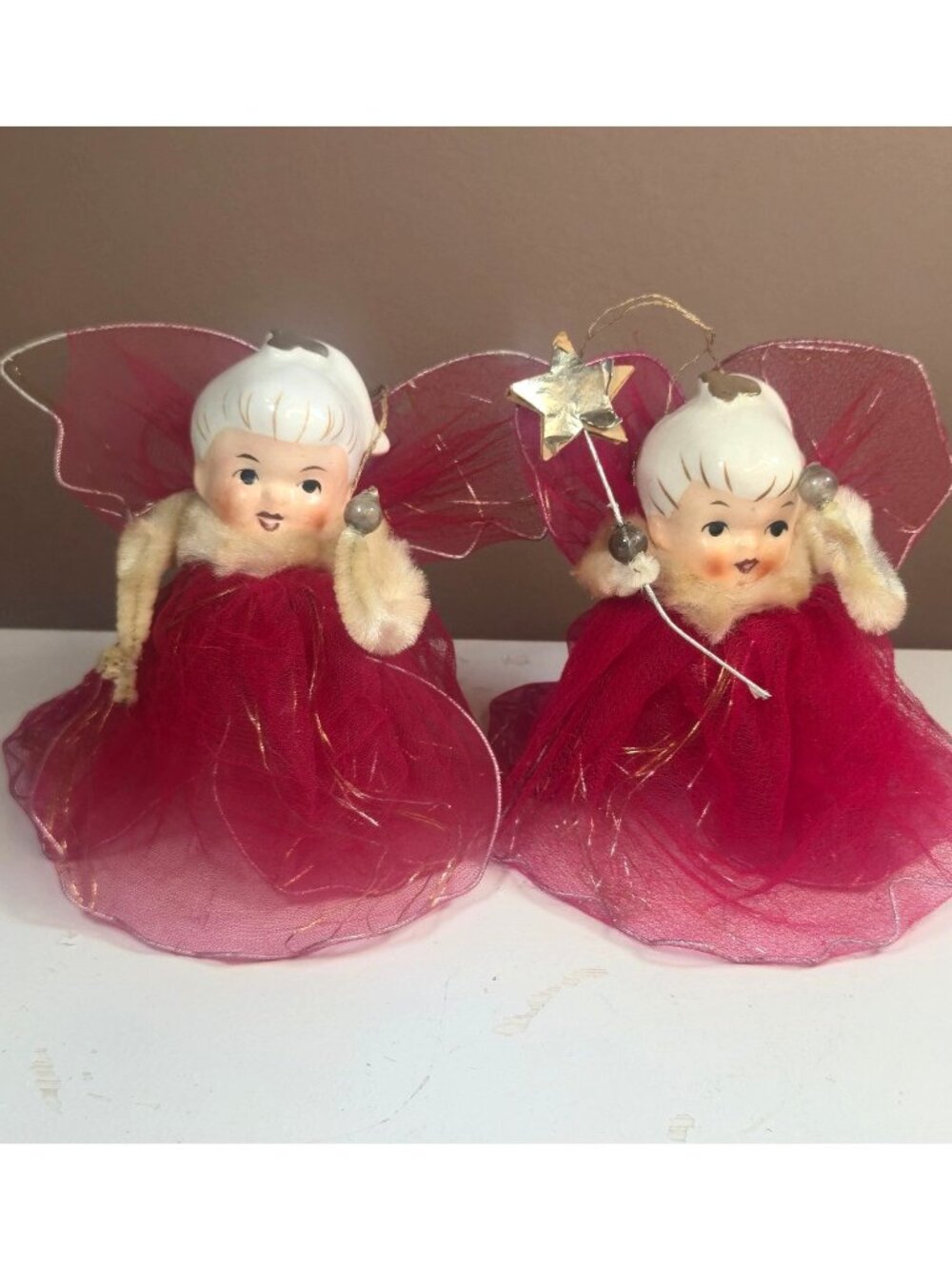 Holt Howard Porcelain Head Angel Ornament 1950s Red Tulle Wings MCM Christmas